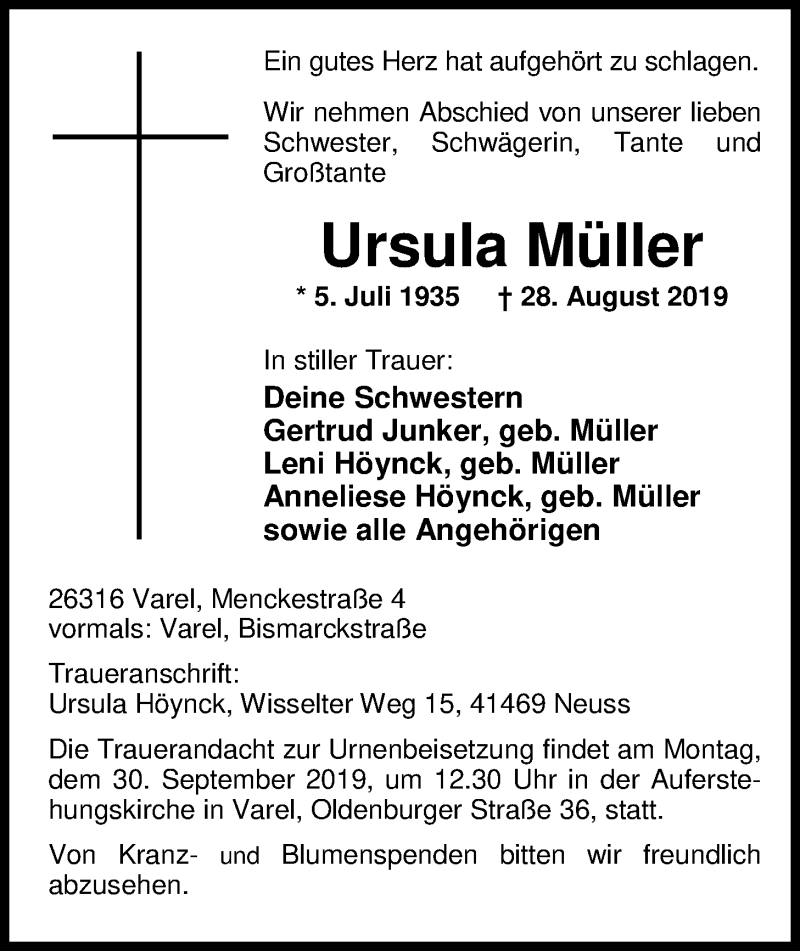  Traueranzeige für Ursula Müller vom 14.09.2019 aus Nordwest-Zeitung