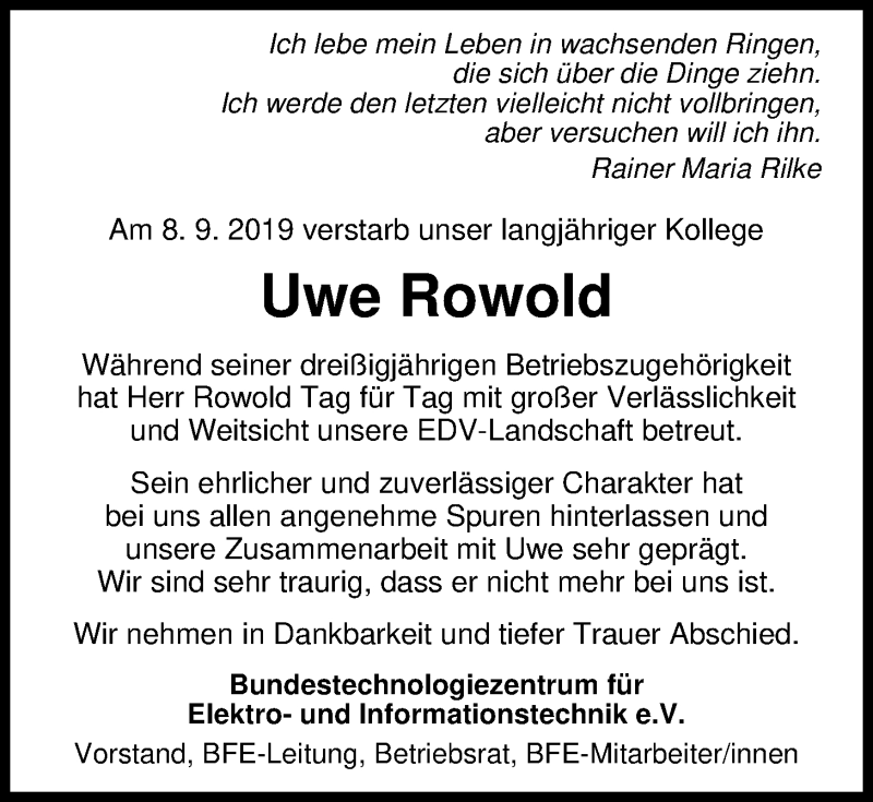  Traueranzeige für Uwe Rowold vom 10.09.2019 aus Nordwest-Zeitung