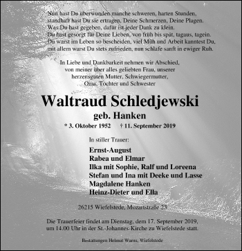 Traueranzeige von Waltraud Schledjewski von Nordwest-Zeitung