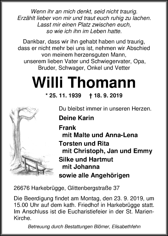  Traueranzeige für Willi Thomann vom 20.09.2019 aus Nordwest-Zeitung