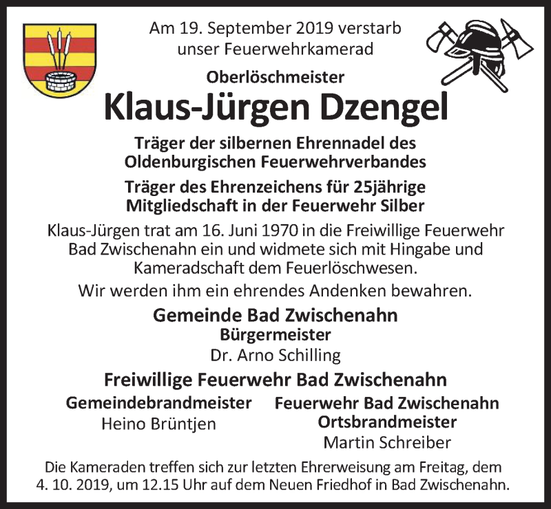  Traueranzeige für Klaus-Jürgen Dzengel vom 28.09.2019 aus Nordwest-Zeitung