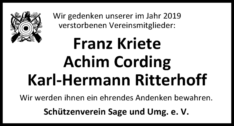  Traueranzeige für Achim Cording vom 22.01.2020 aus Nordwest-Zeitung