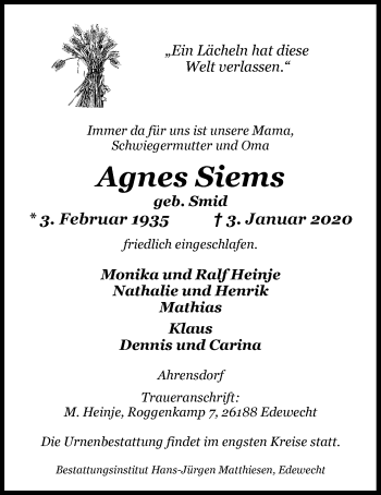 Traueranzeige von Agnes Siems von Nordwest-Zeitung