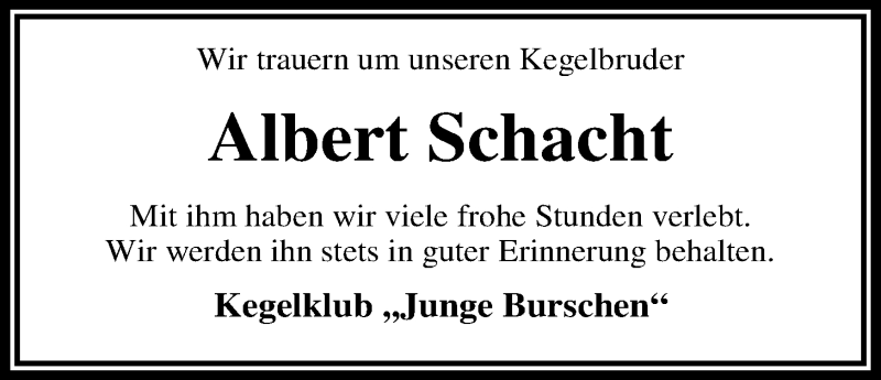  Traueranzeige für Albert Schacht vom 17.01.2020 aus Nordwest-Zeitung