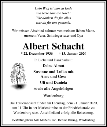 Traueranzeige von Albert Schacht von Nordwest-Zeitung