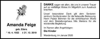 Traueranzeige von Amanda Feige von Nordwest-Zeitung
