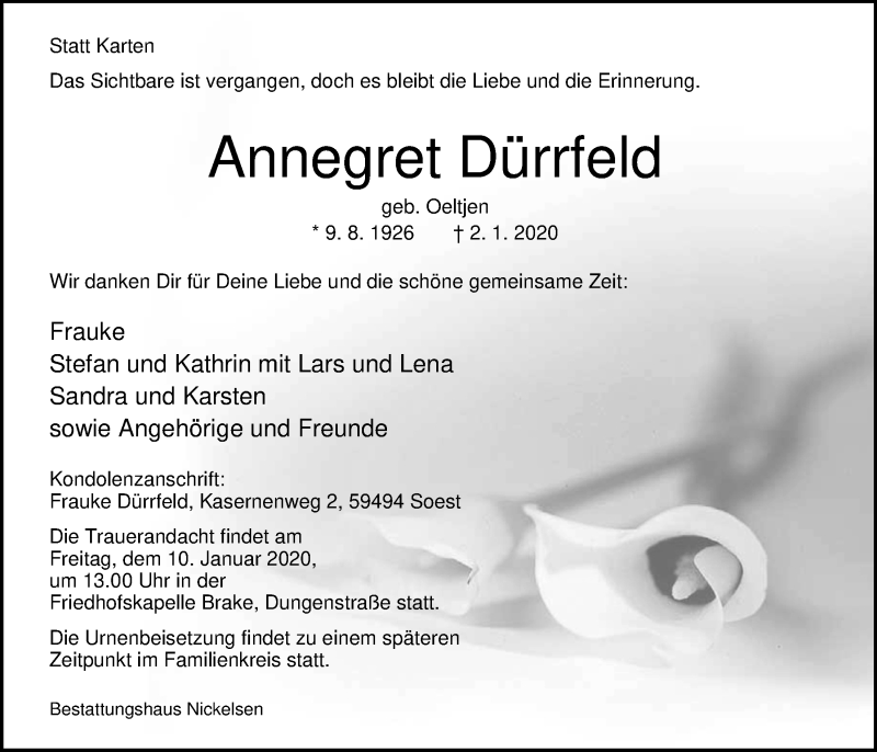  Traueranzeige für Annegret Dürrfeld vom 07.01.2020 aus Nordwest-Zeitung