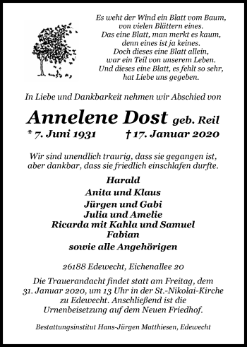 Traueranzeige von Annelene Dost von Nordwest-Zeitung