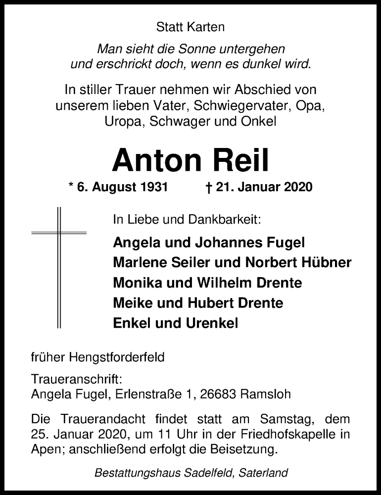  Traueranzeige für Anton Reil vom 22.01.2020 aus Nordwest-Zeitung