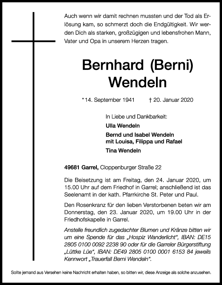  Traueranzeige für Bernhard Wendeln vom 22.01.2020 aus Nordwest-Zeitung