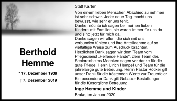 Traueranzeige von Berthold Hemme von Nordwest-Zeitung