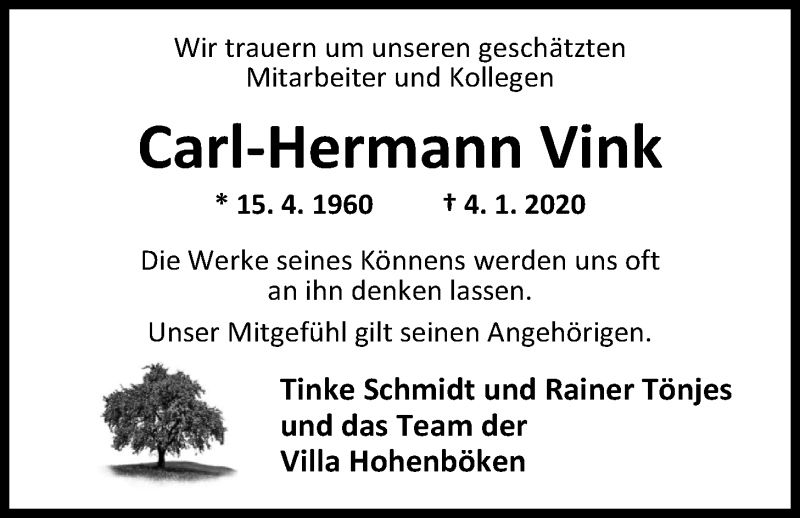  Traueranzeige für Carl-Hermann Vink vom 11.01.2020 aus Nordwest-Zeitung