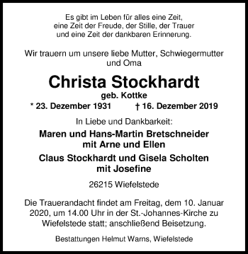 Traueranzeige von Christa Stockhardt von Nordwest-Zeitung