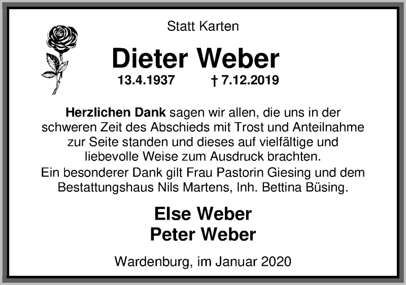  Traueranzeige für Dieter Weber vom 18.01.2020 aus Nordwest-Zeitung