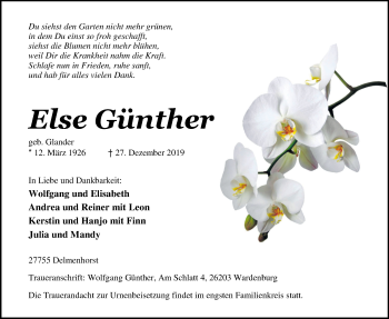 Traueranzeige von Else Günther von Nordwest-Zeitung