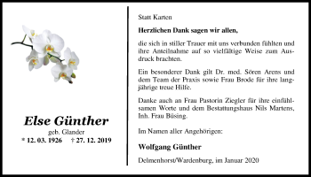 Traueranzeige von Else Günther von Nordwest-Zeitung