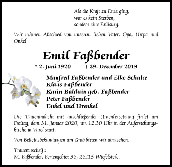 Traueranzeige von Emil Faßbender von Nordwest-Zeitung