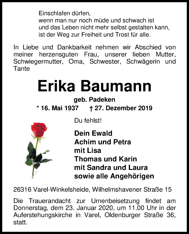  Traueranzeige für Erika Baumann vom 18.01.2020 aus Nordwest-Zeitung