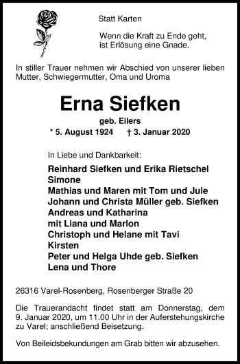 Traueranzeige von Erna Siefken von Nordwest-Zeitung