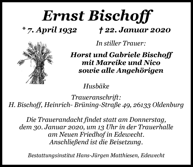  Traueranzeige für Ernst Bischoff vom 27.01.2020 aus Nordwest-Zeitung