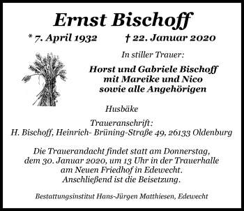 Traueranzeige von Ernst Bischoff von Nordwest-Zeitung