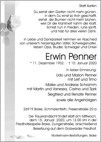 Traueranzeige von Erwin Penner von Nordwest-Zeitung