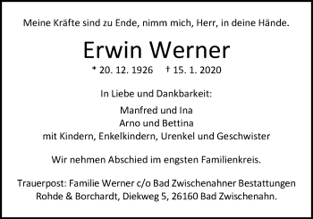 Traueranzeige von Erwin Werner von Nordwest-Zeitung