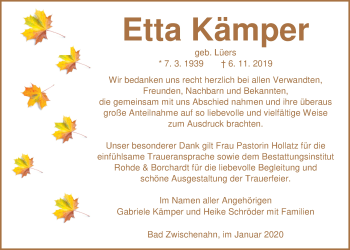 Traueranzeige von Etta Kämper von Nordwest-Zeitung
