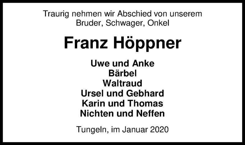  Traueranzeige für Franz Höppner vom 27.01.2020 aus Nordwest-Zeitung