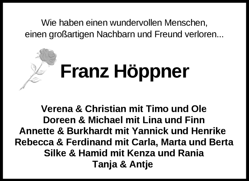  Traueranzeige für Franz Höppner vom 27.01.2020 aus Nordwest-Zeitung