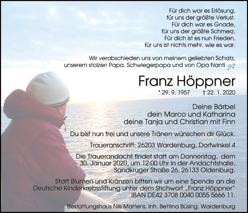  Traueranzeige für Franz Höppner vom 27.01.2020 aus Nordwest-Zeitung