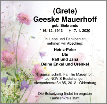 Traueranzeige von Geeske Mauerhoff von Nordwest-Zeitung