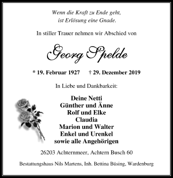 Traueranzeige von Georg Spelde von Nordwest-Zeitung