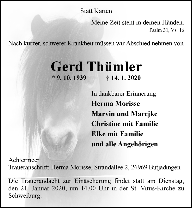  Traueranzeige für Gerd Thümler vom 17.01.2020 aus Nordwest-Zeitung