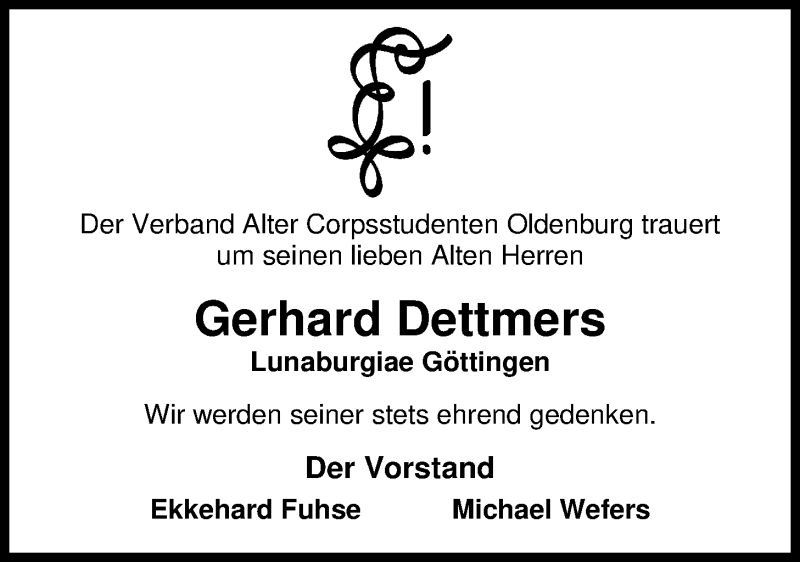 Traueranzeige für Gerhard E. Dettmers vom 08.01.2020 aus Nordwest-Zeitung