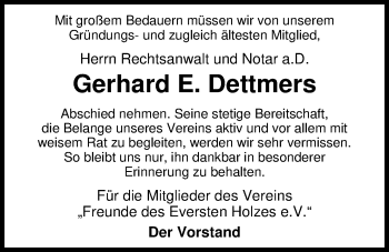 Traueranzeige von Gerhard E. Dettmers von Nordwest-Zeitung