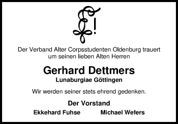 Traueranzeige von Gerhard E. Dettmers von Nordwest-Zeitung