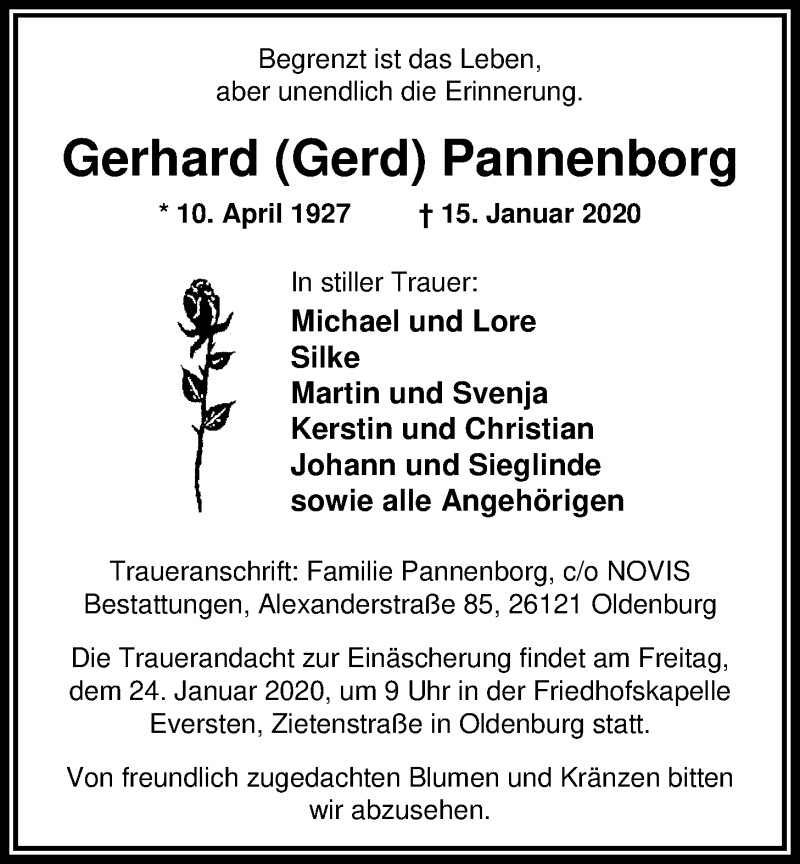  Traueranzeige für Gerhard Pannenborg vom 18.01.2020 aus Nordwest-Zeitung