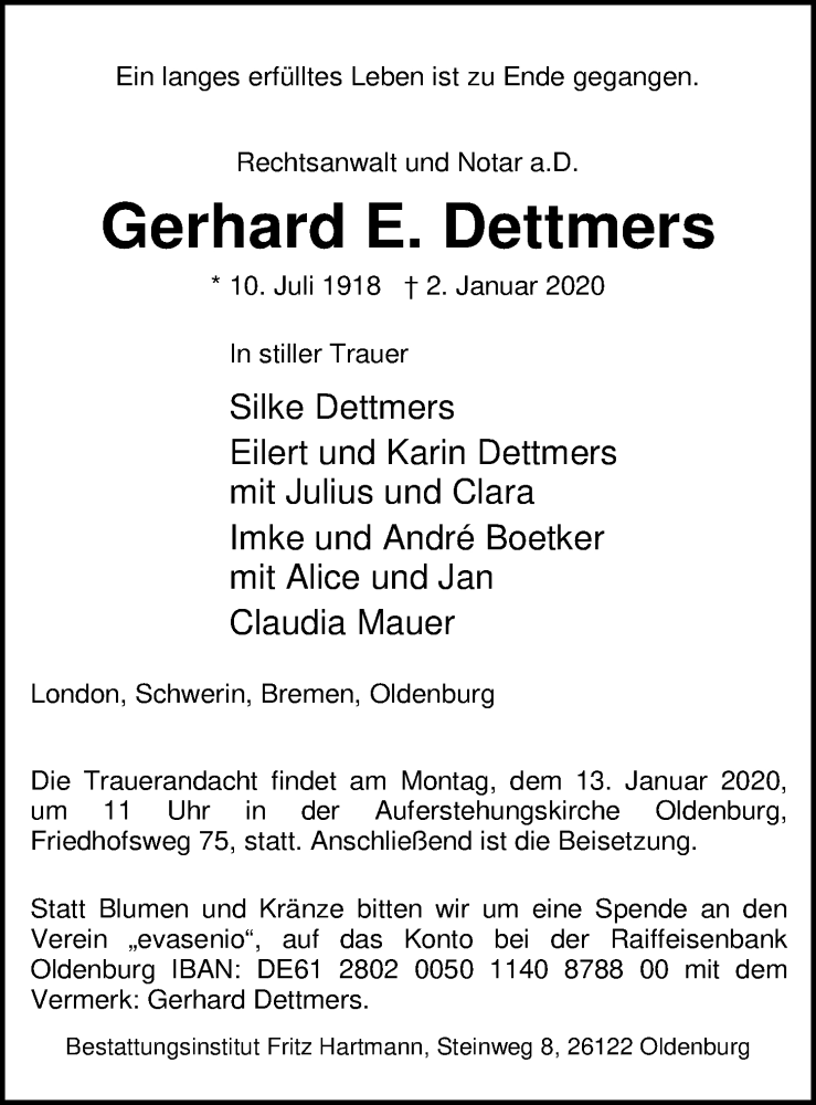  Traueranzeige für Gerhard E. Dettmers vom 08.01.2020 aus Nordwest-Zeitung