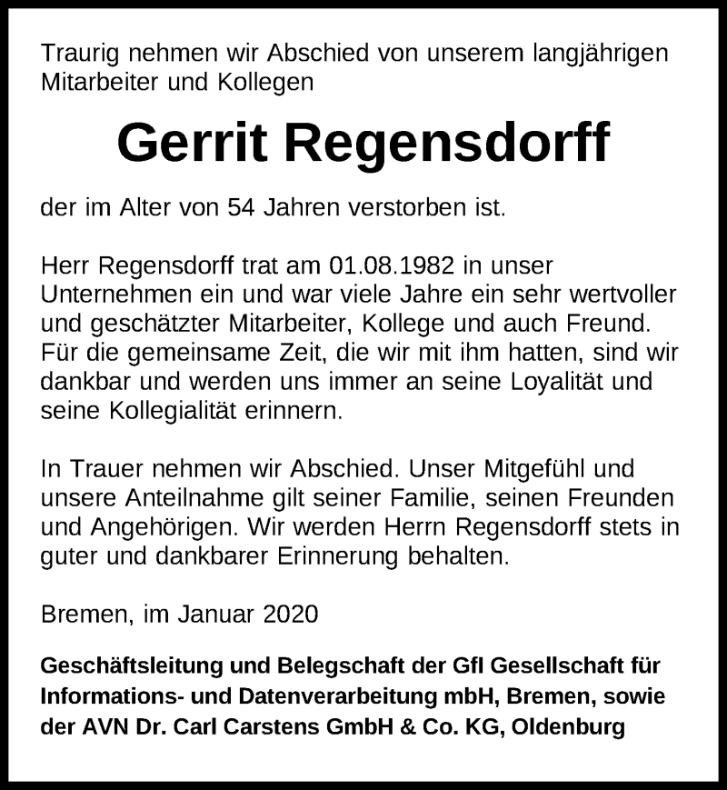  Traueranzeige für Gerrit Regensdorff vom 18.01.2020 aus Nordwest-Zeitung