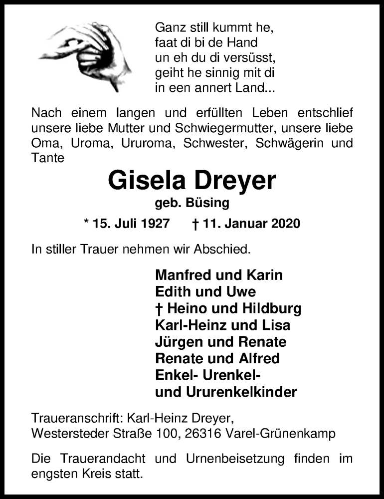  Traueranzeige für Gisela Dreyer vom 17.01.2020 aus Nordwest-Zeitung