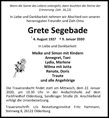 Traueranzeige von Grete Segebade von Nordwest-Zeitung