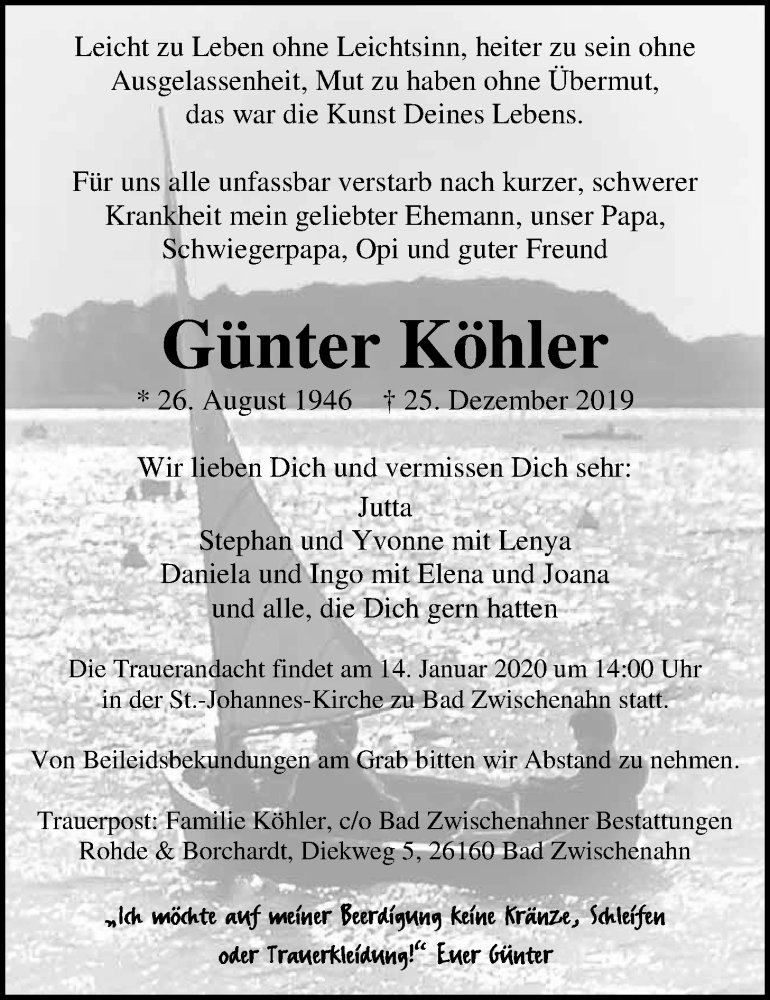  Traueranzeige für Günter Köhler vom 04.01.2020 aus Nordwest-Zeitung