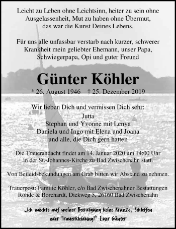 Traueranzeige von Günter Köhler von Nordwest-Zeitung