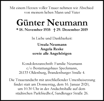 Traueranzeige von Günter Neumann von Nordwest-Zeitung