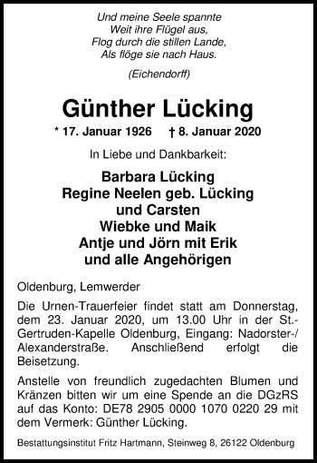 Traueranzeige von Günther Lücking von Nordwest-Zeitung