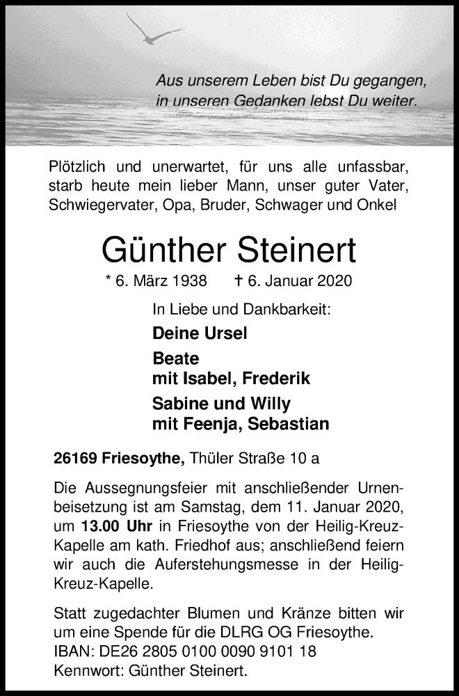  Traueranzeige für Günther Steinert vom 08.01.2020 aus Nordwest-Zeitung