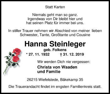 Traueranzeige von Hanna Steinleger von Nordwest-Zeitung