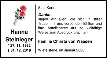 Traueranzeige von Hanna Steinleger von Nordwest-Zeitung