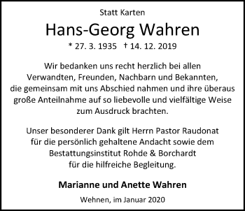 Traueranzeige von Hans-Georg Wahren von Nordwest-Zeitung